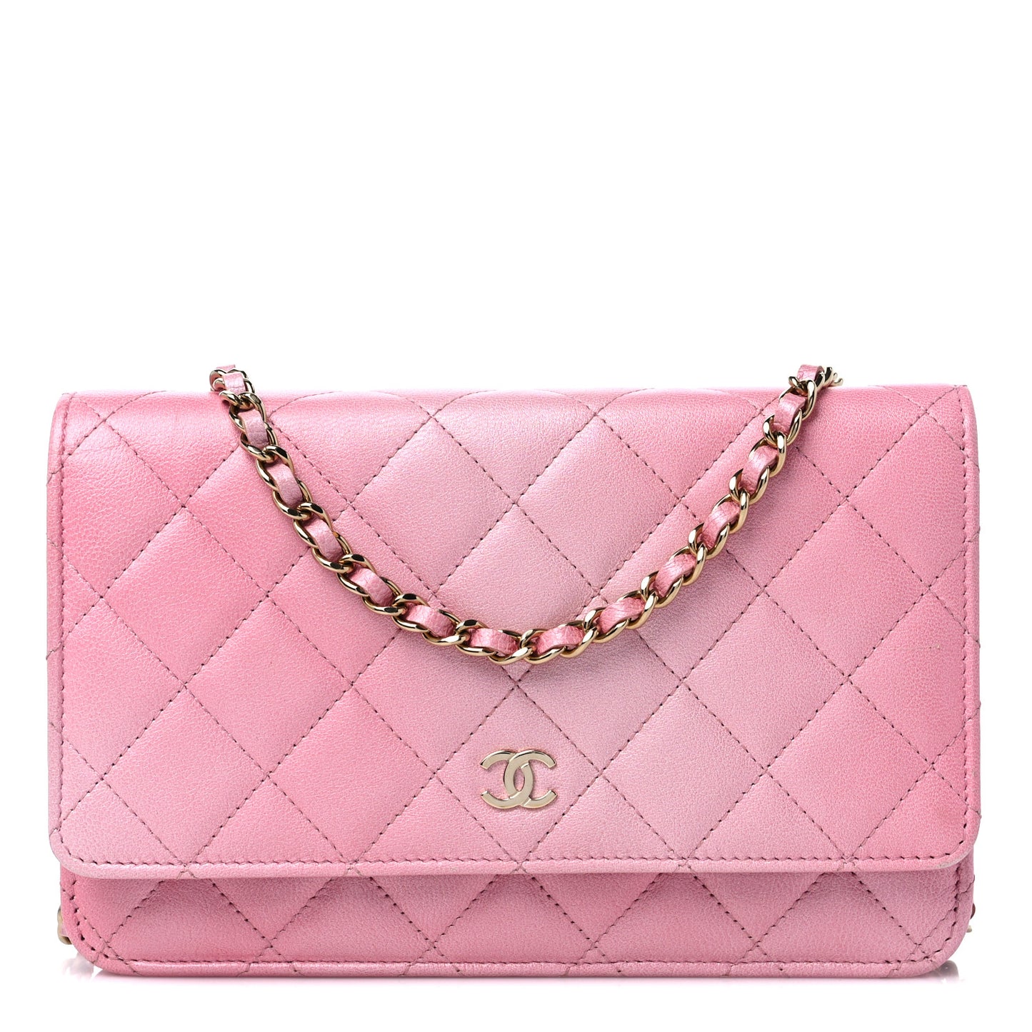 Cloudy Pearly Goatskin Quilted Wallet on Chain WOC Light Pink