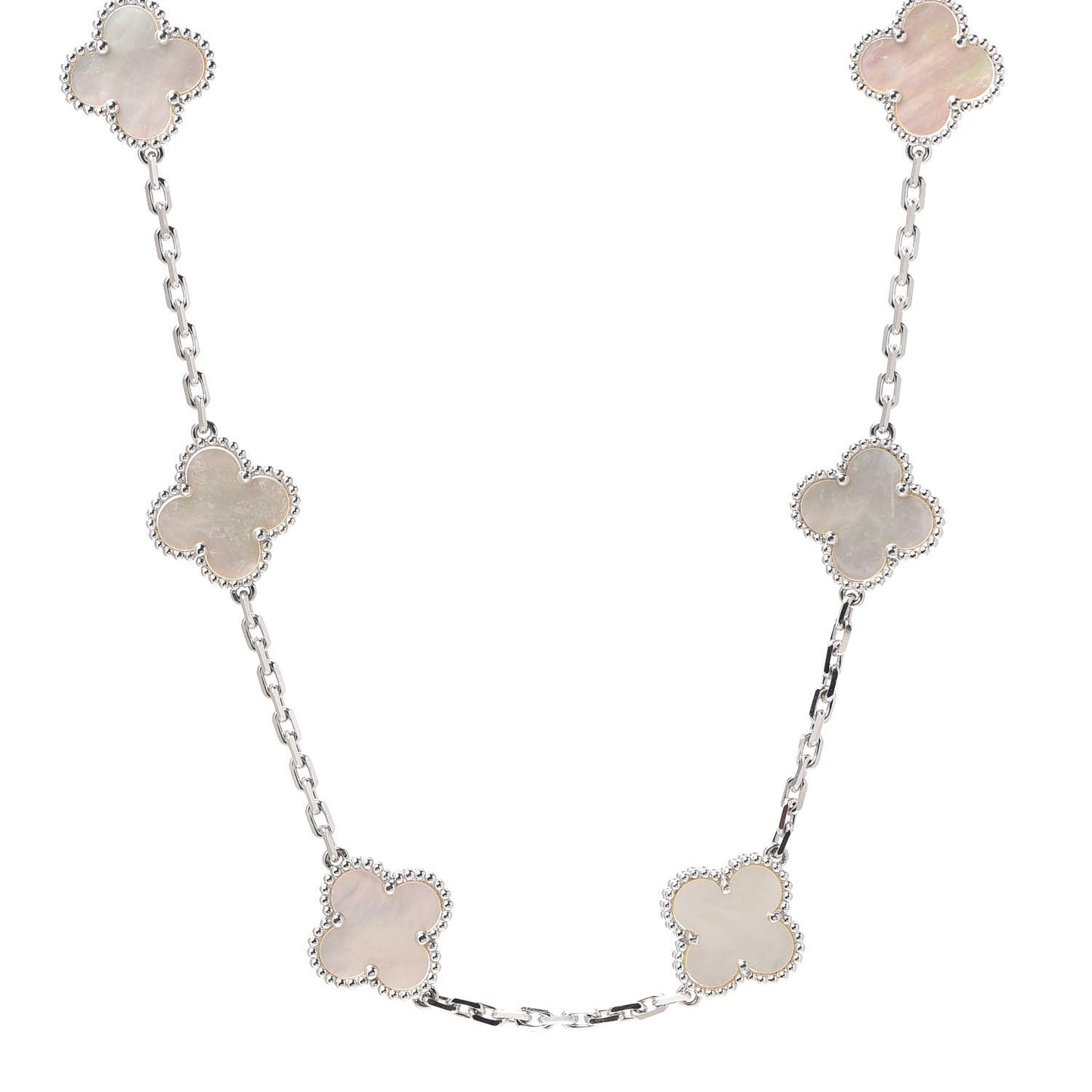 18K White Gold Mother of Pearl 10 Motifs Vintage Alhambra Necklace