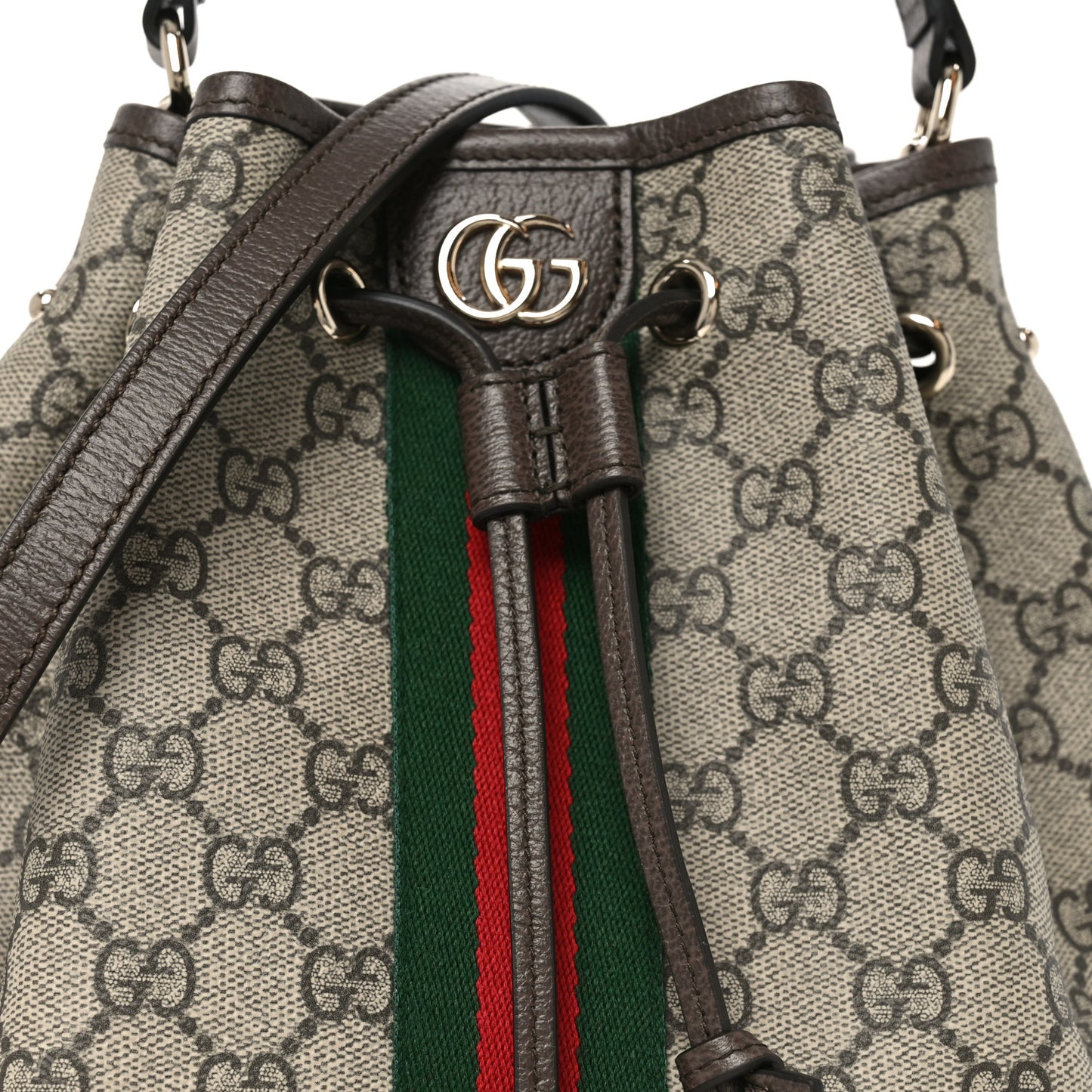 GG Supreme Monogram Web Small Ophidia Top Handle Bucket Bag Brown