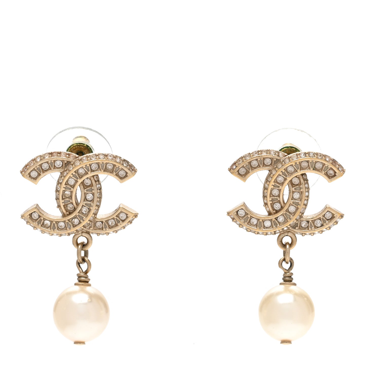 Crystal Pearl CC Drop Earrings Gold