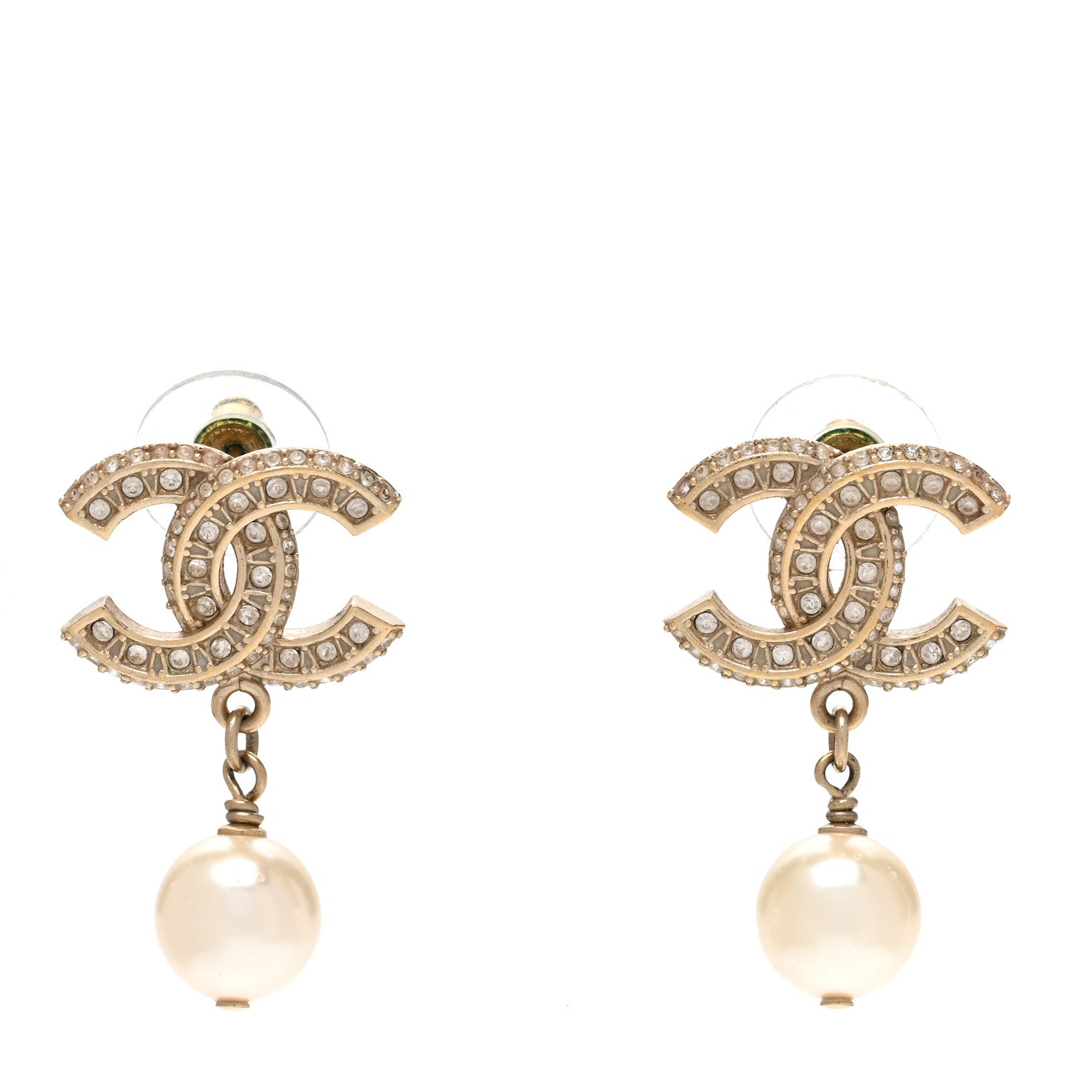 Chanel Crystal Pearl CC Drop Earrings Gold 1 of 4