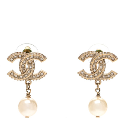 Chanel Crystal Pearl CC Drop Earrings Gold 1 of 4