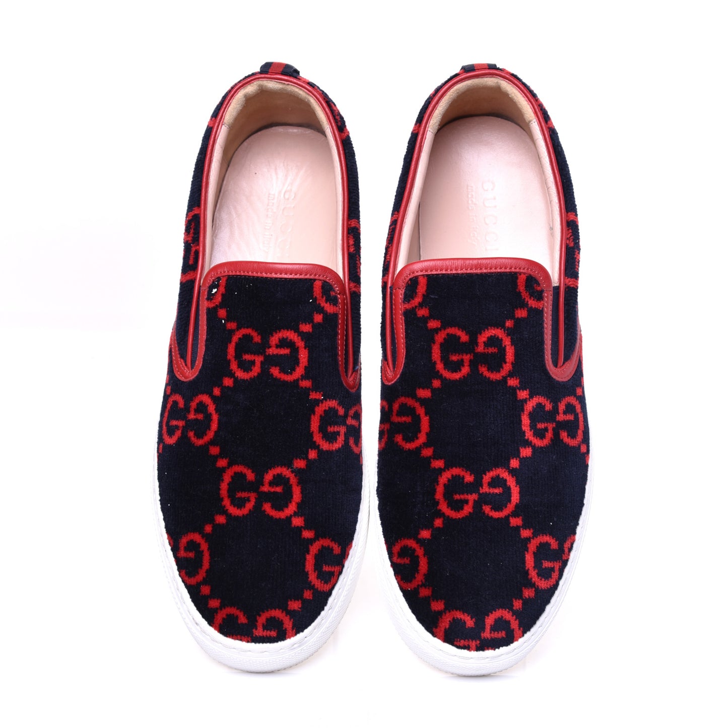 Terry Cloth Miro Soft Calfskin GG Monogram Mens Dublin Slip On Sneakers 12 Blue Red Hibiscus Red