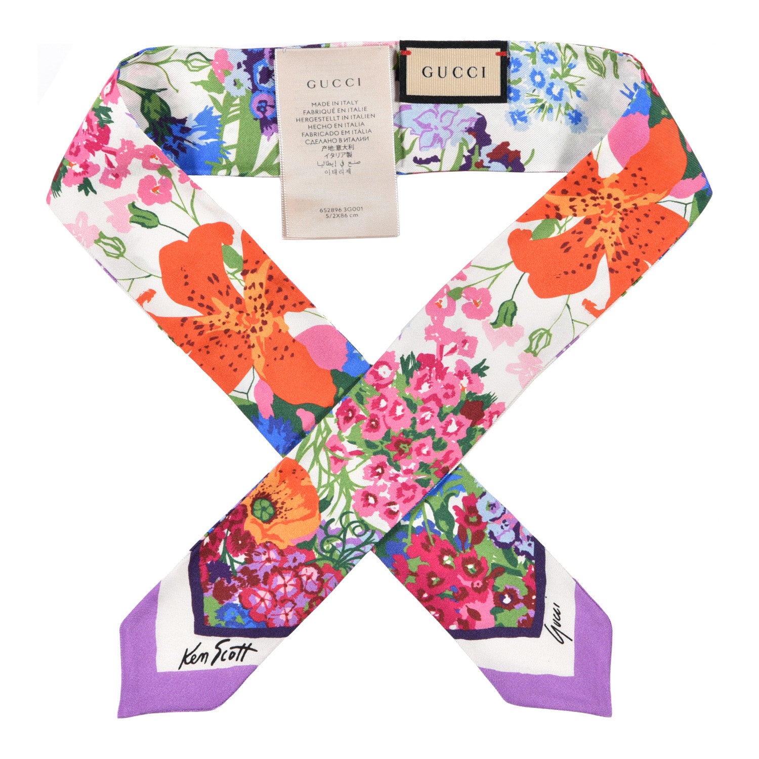 Gucci X KEN SCOTT Silk Twill Floral Print Neck Bow Scarf Ivory Dark Purple 1 of 3