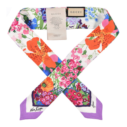 Gucci X KEN SCOTT Silk Twill Floral Print Neck Bow Scarf Ivory Dark Purple 1 of 3