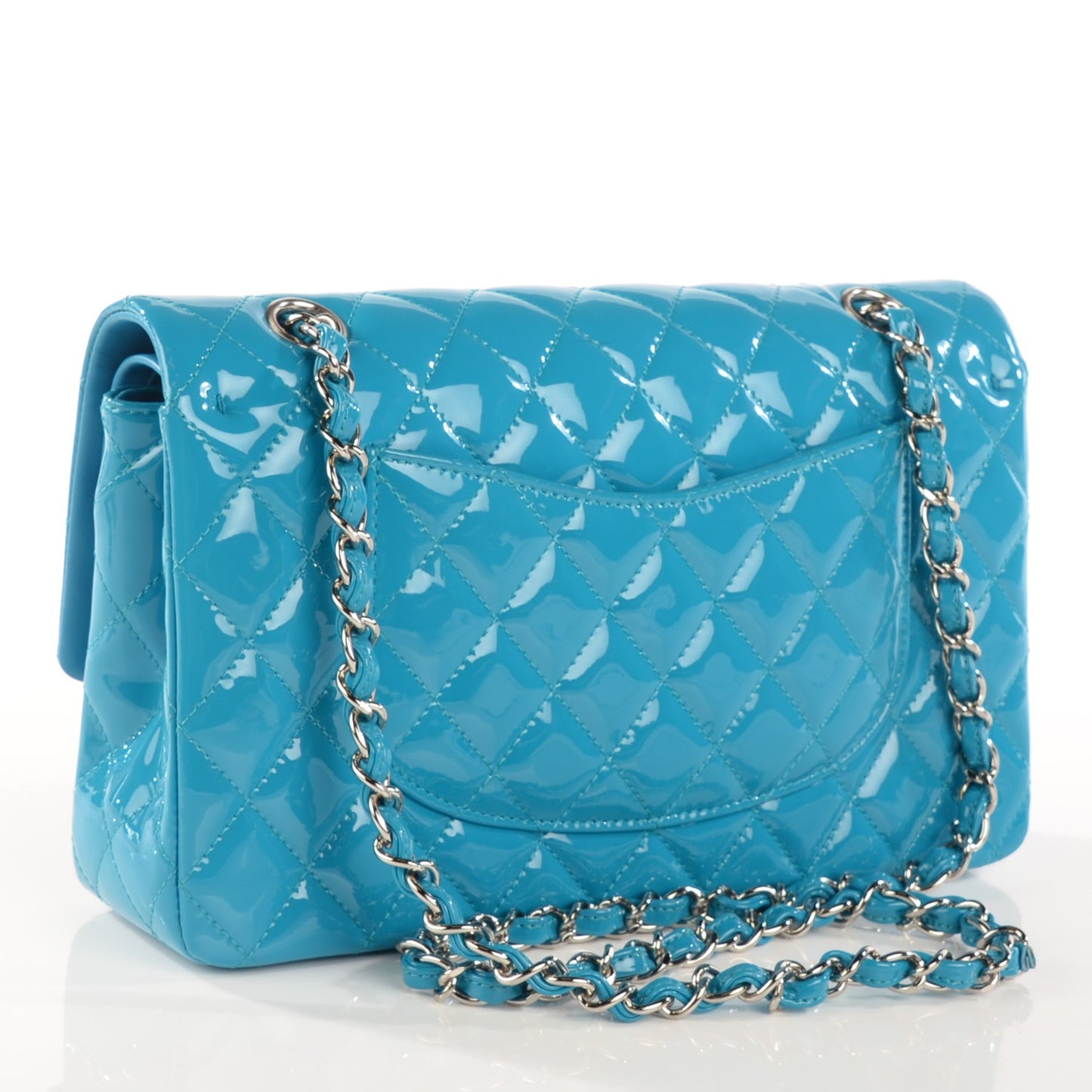 Patent Calfskin Quilted Medium Double Flap Turquoise