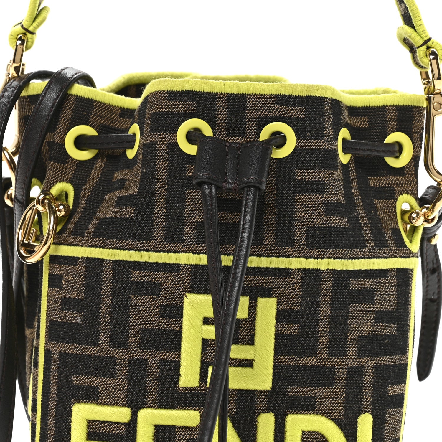 Fendi Fabric Jacquard Shiny Nappa FF 1974 Logo Threaded Edge Mini Mon Tresor Bucket Bag Tobacco Moro Giallo Fluo 7 of 9