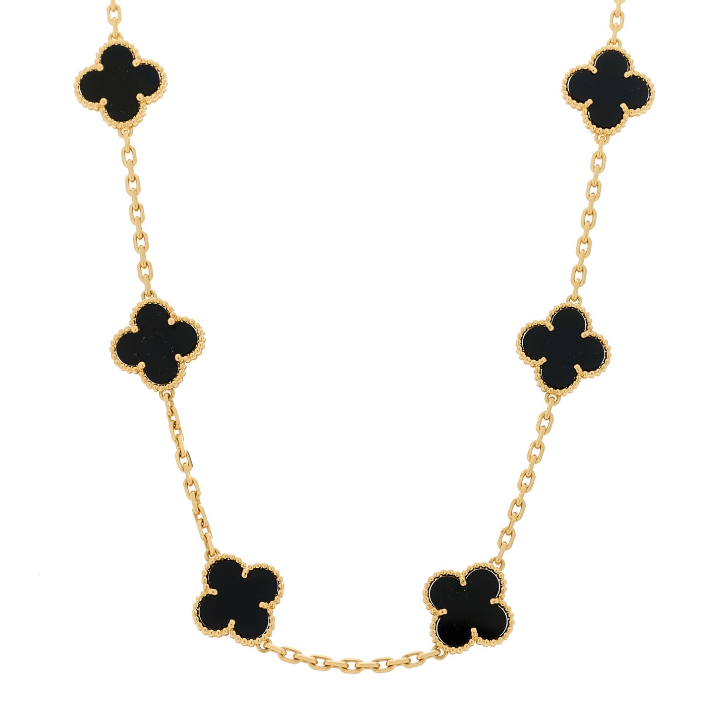 18K Yellow Gold Black Onyx 10 Motifs Vintage Alhambra Necklace