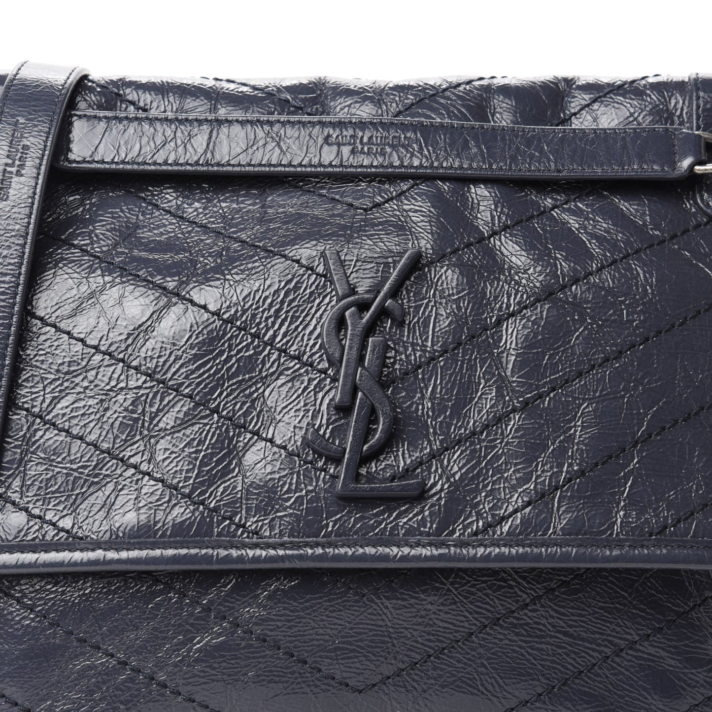Crinkled Calfskin Matelasse Monogram Medium Niki Chain Satchel Deep Marine