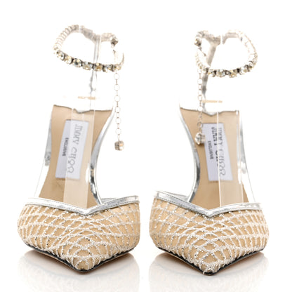 Jimmy Choo Glitter Checker Board Mesh Crystal Saeda 100 Pumps 38 Champagne Silver 2 of 8