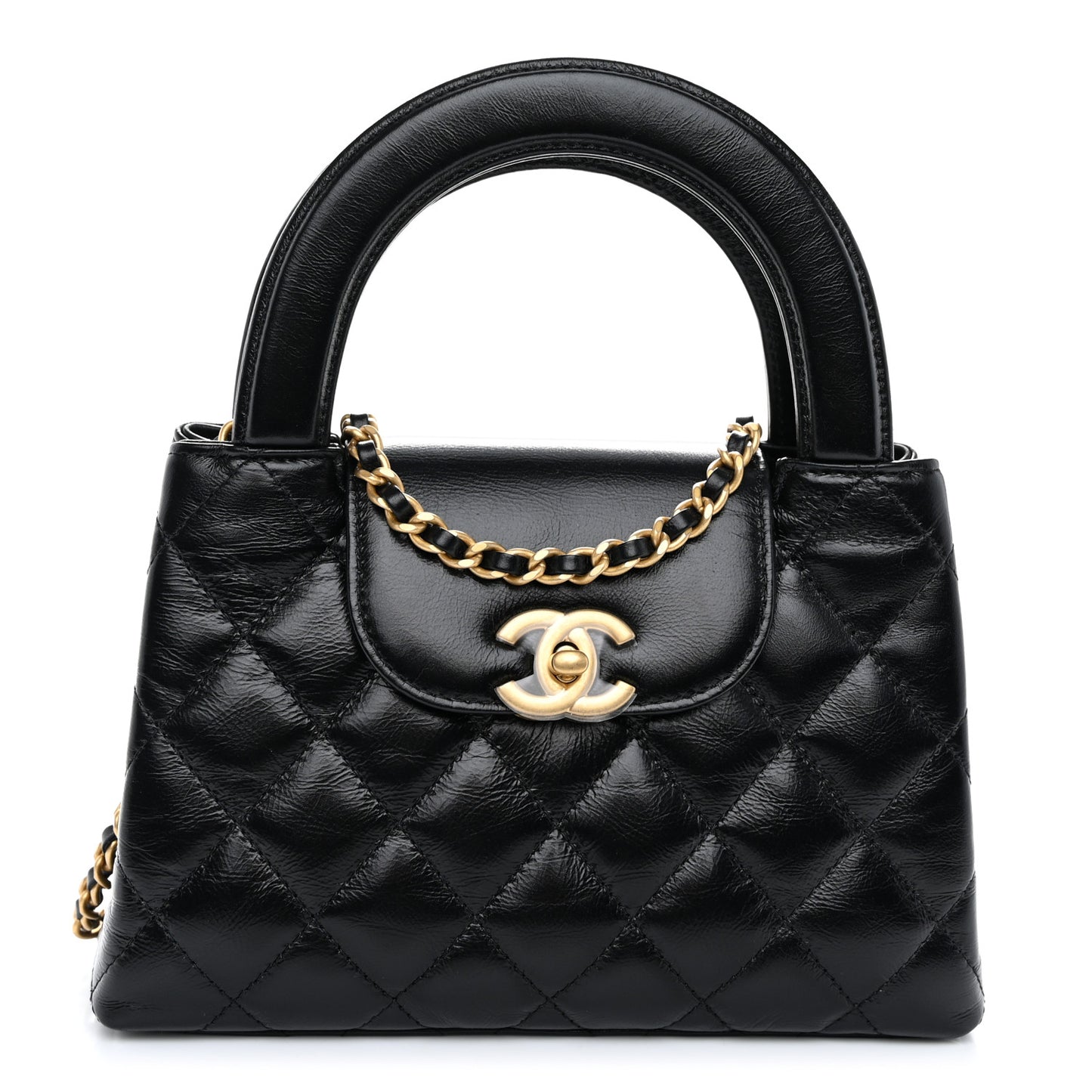 Shiny Aged Calfskin Quilted Nano Kelly Shopper Black