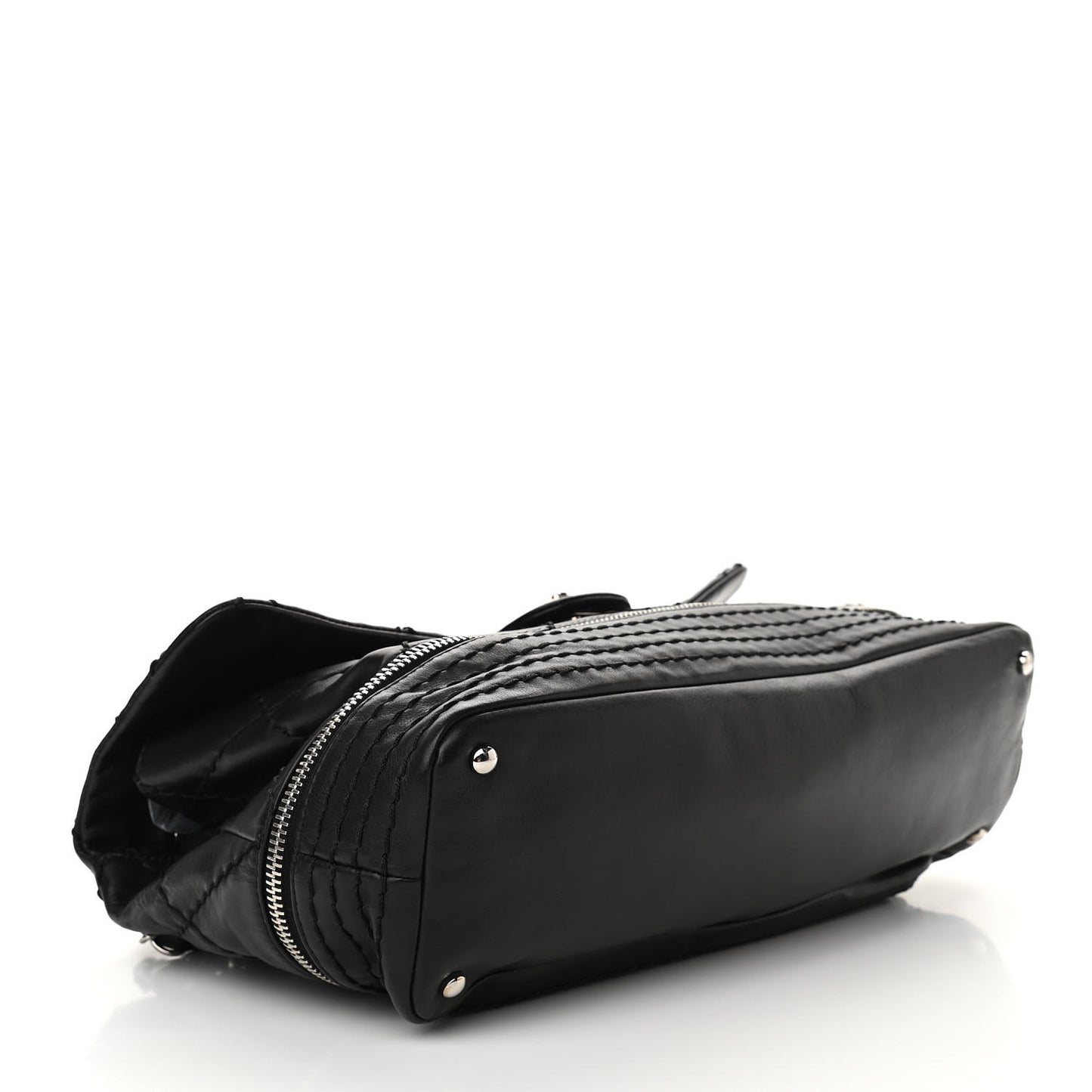 Calfskin Stitched Large Expandable Flap Bag Black