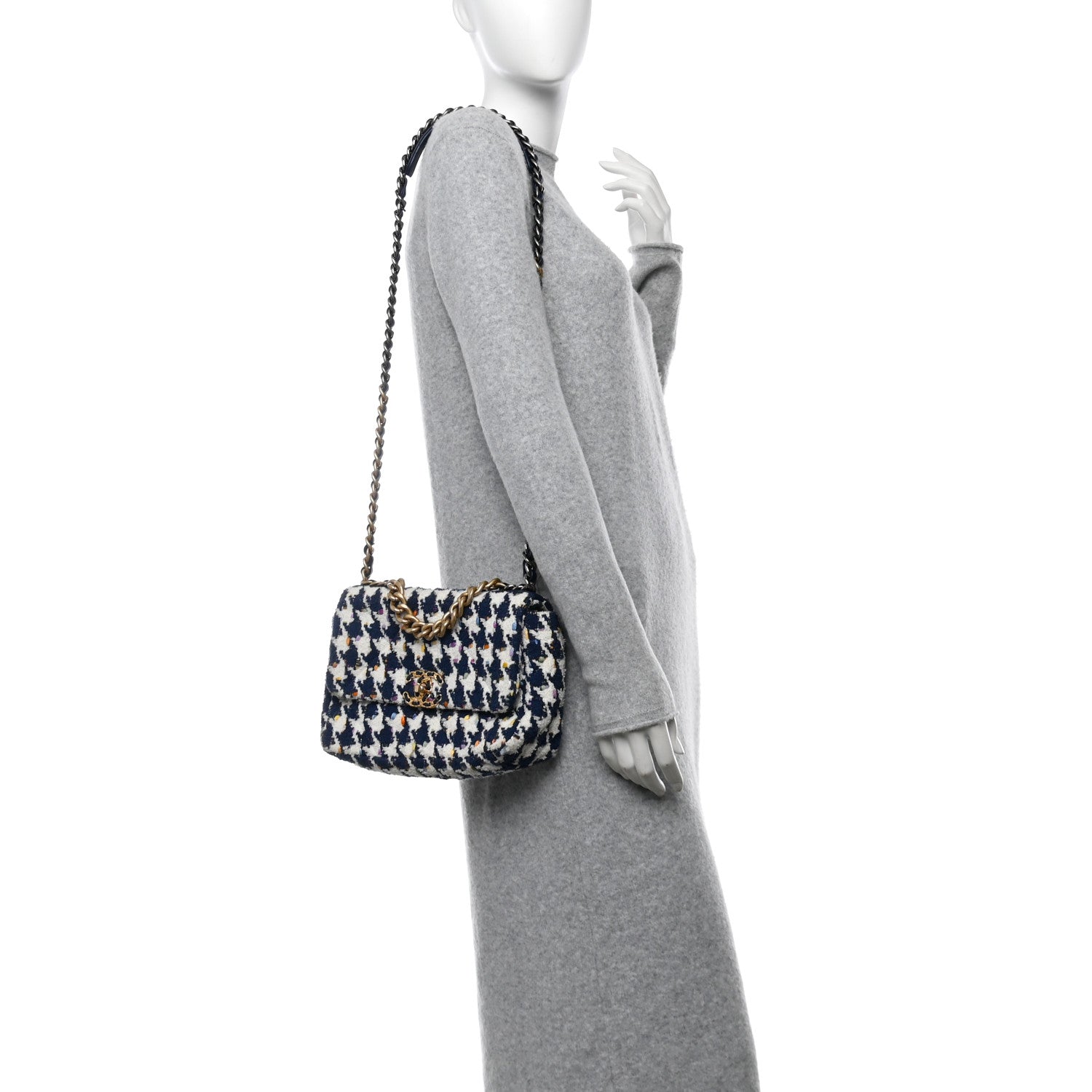 Chanel Tweed Quilted Medium Chanel 19 Flap Ecru Navy Blue Multicolor 2 of 10