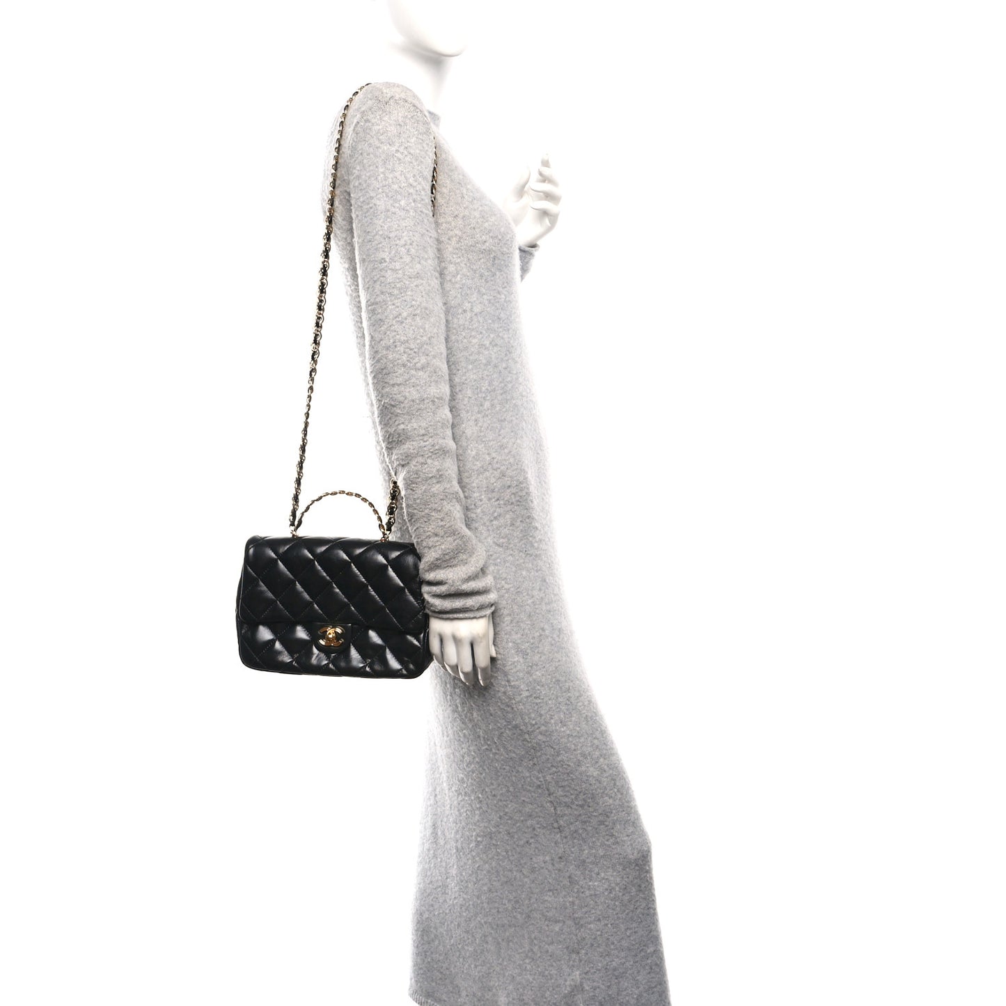 Shiny Lambskin Quilted Golden Links Top Handle Flap Black
