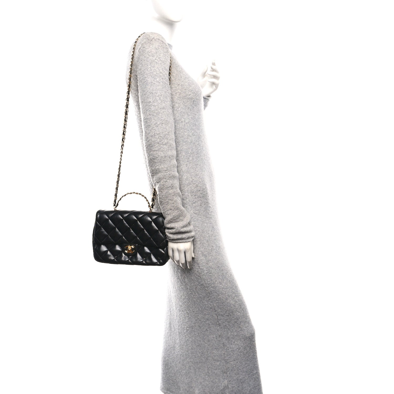 Chanel Shiny Lambskin Quilted Golden Links Top Handle Flap Black 2 of 12