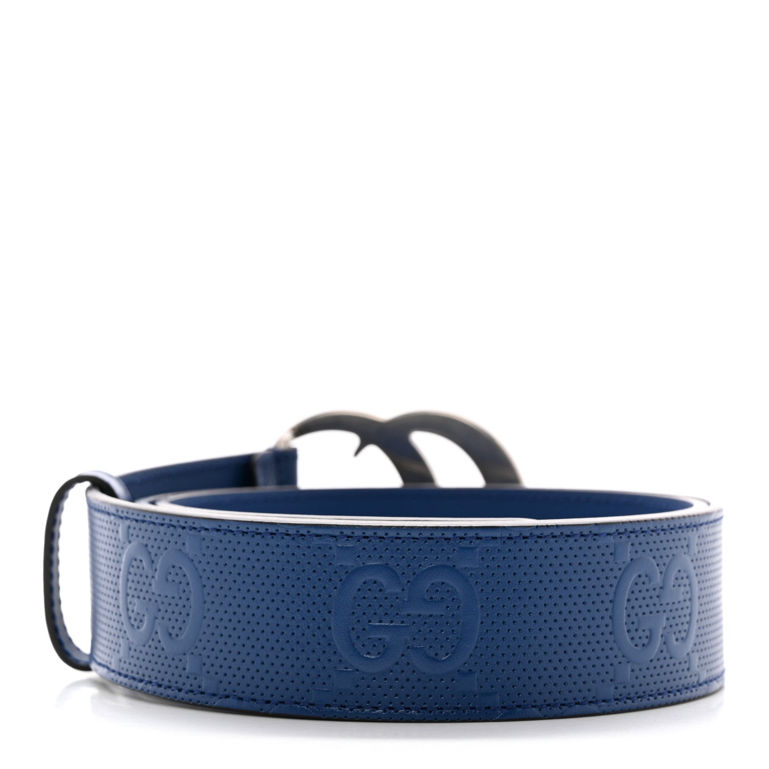 Gucci Calfskin GG Tennis Embossed Double G 40mm Belt 90 36 Intense Metal Blue 2 of 8