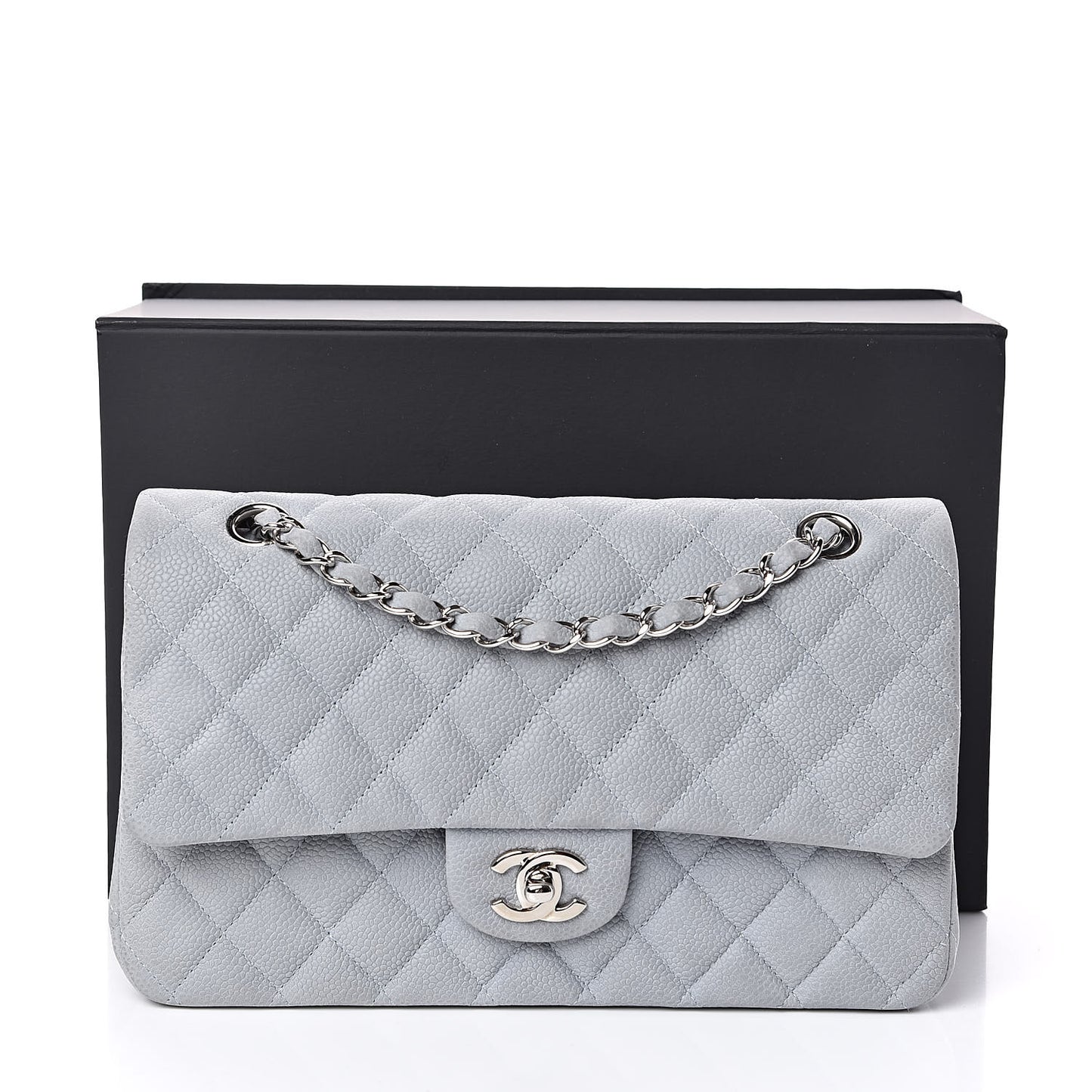 Iridescent Caviar Quilted Medium Double Flap Light Grey