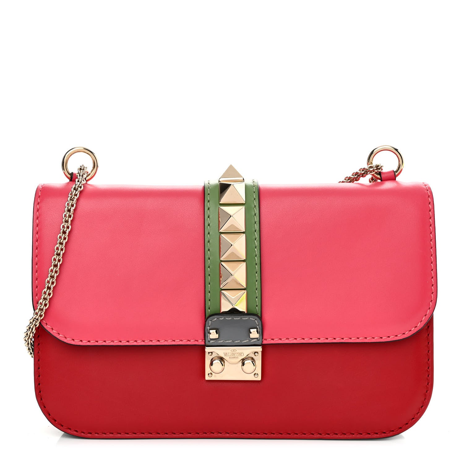 Valentino Garavani Vitello Medium Glam Lock Rockstud Flap Deep Rose Scarlet Grey Green 1 of 10
