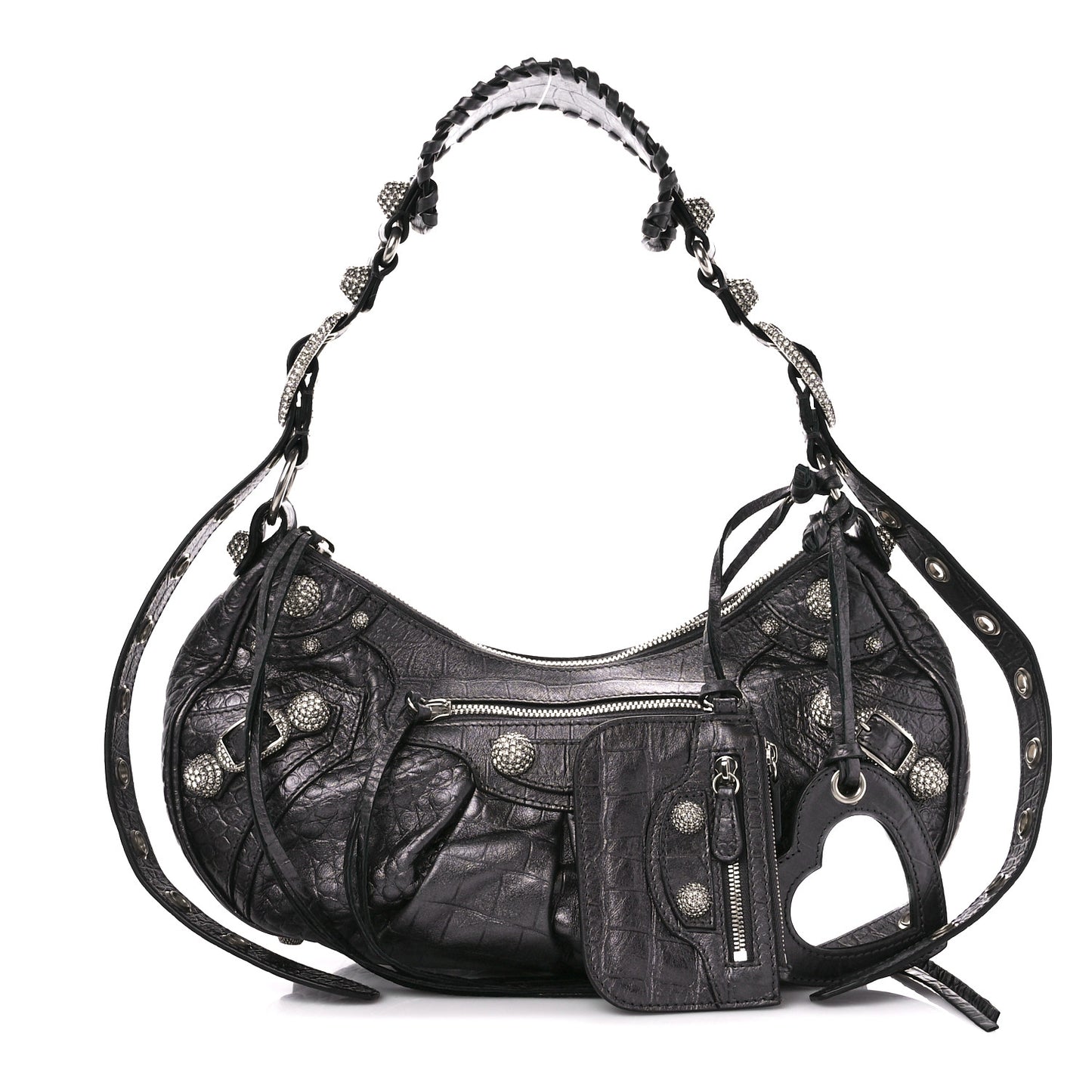 Metallic Calfskin Crocodile Embossed Crystal Small Le Cagole Shoulder Bag Gunmetal