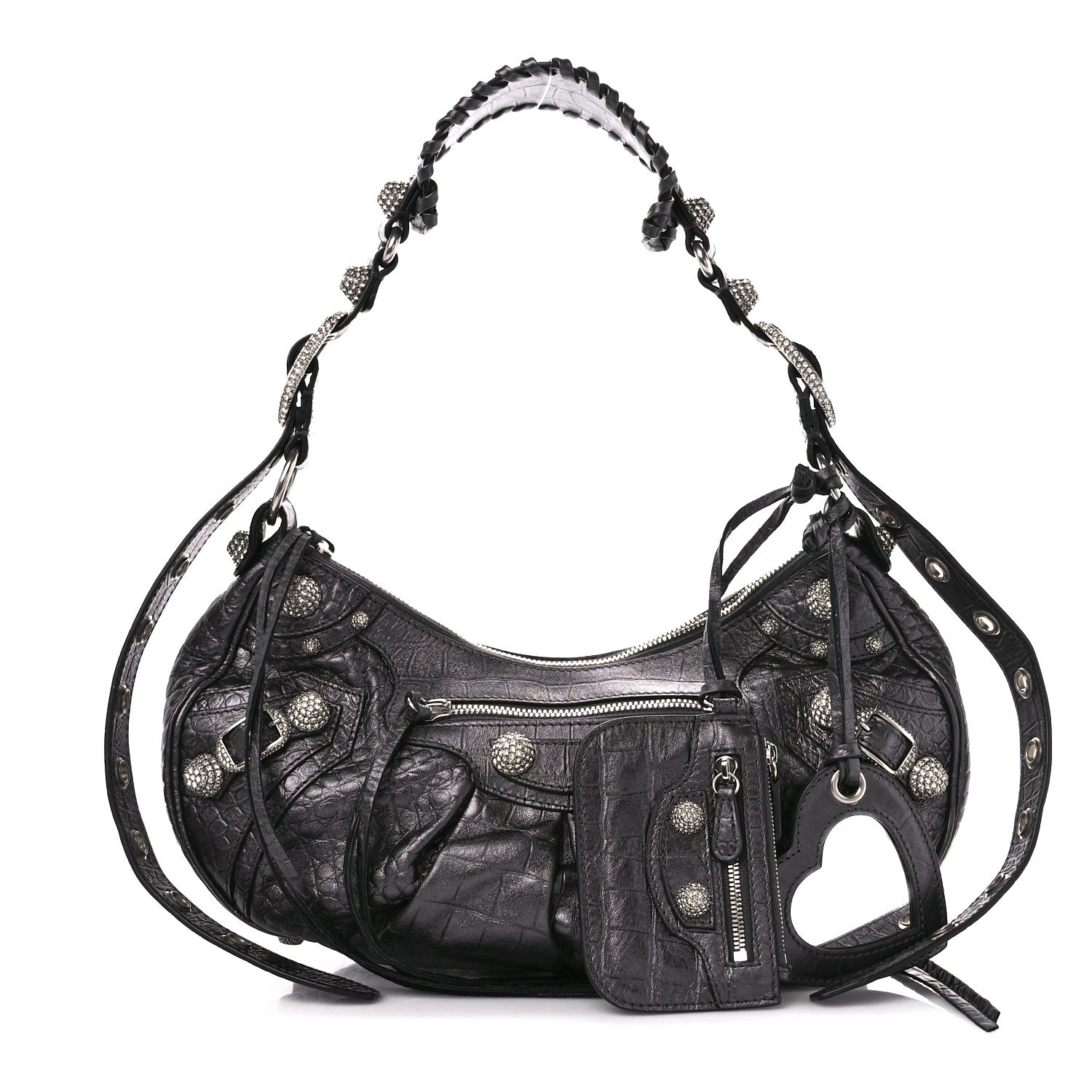 Balenciaga Metallic Calfskin Crocodile Embossed Crystal Small Le Cagole Shoulder Bag Gunmetal 1 of 14