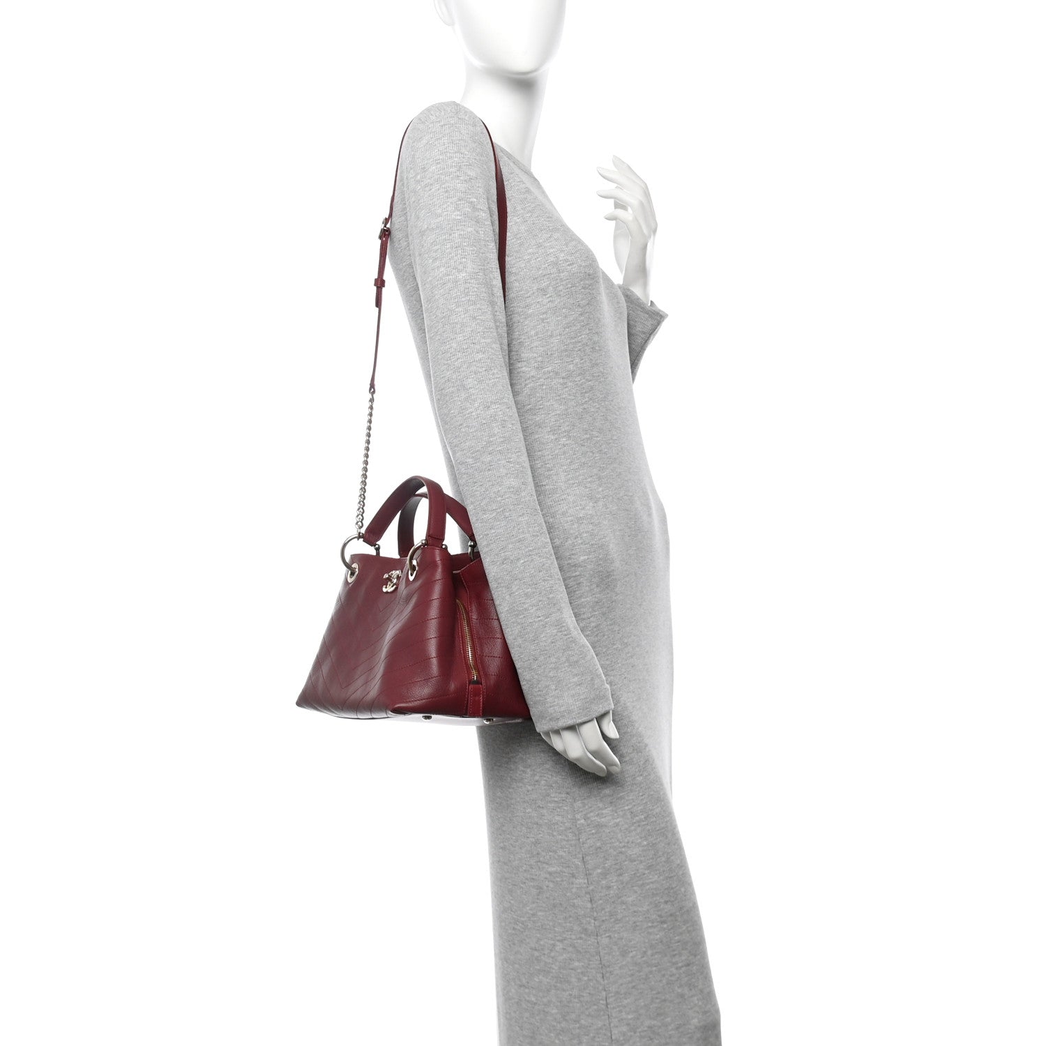 Chanel Calfskin Stitched Small Chevron Chic Shopping Bag Red 2 of 12