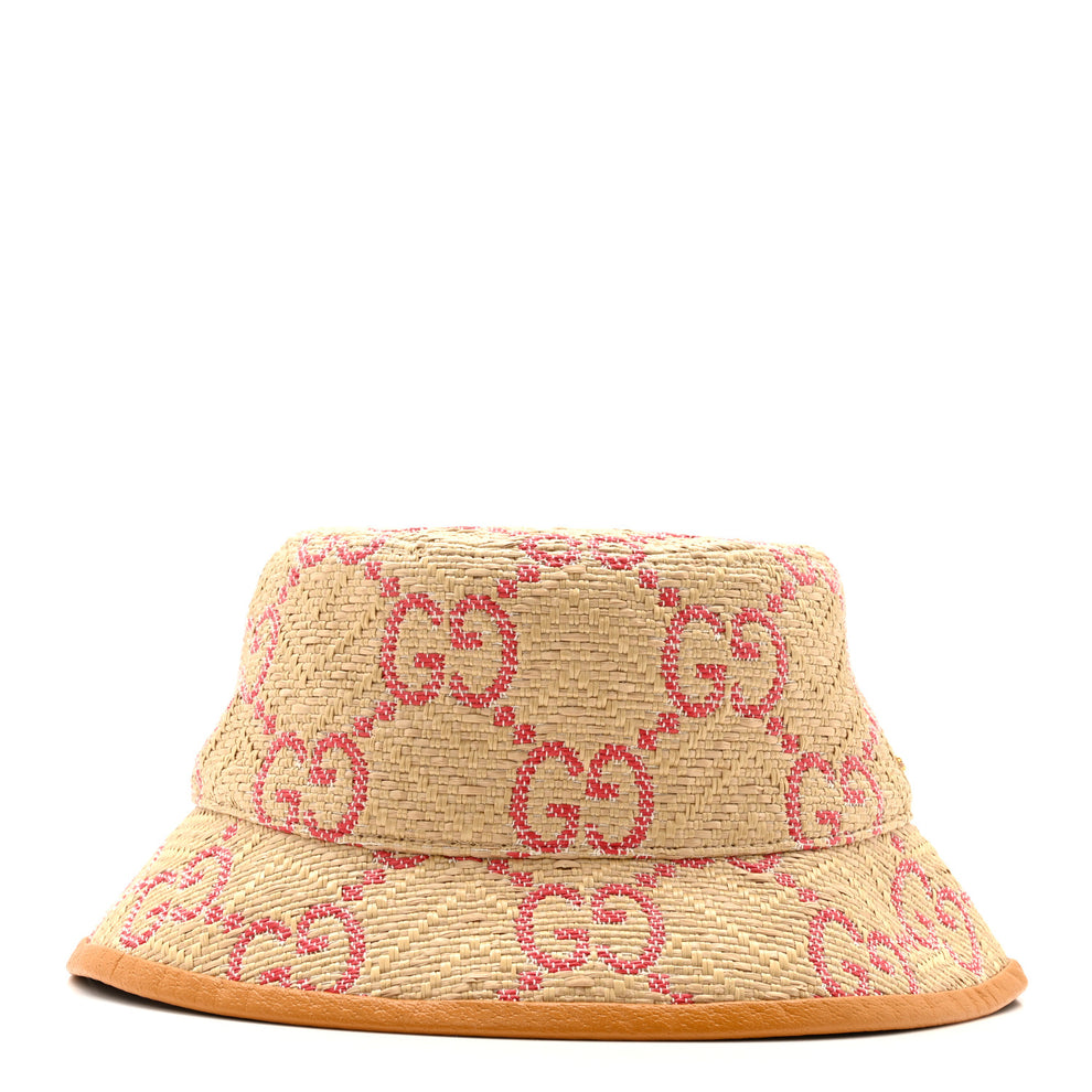 Gucci Raffia GG Monogram Embroidered Fedora Hat S Beige Pink 1802442 ...