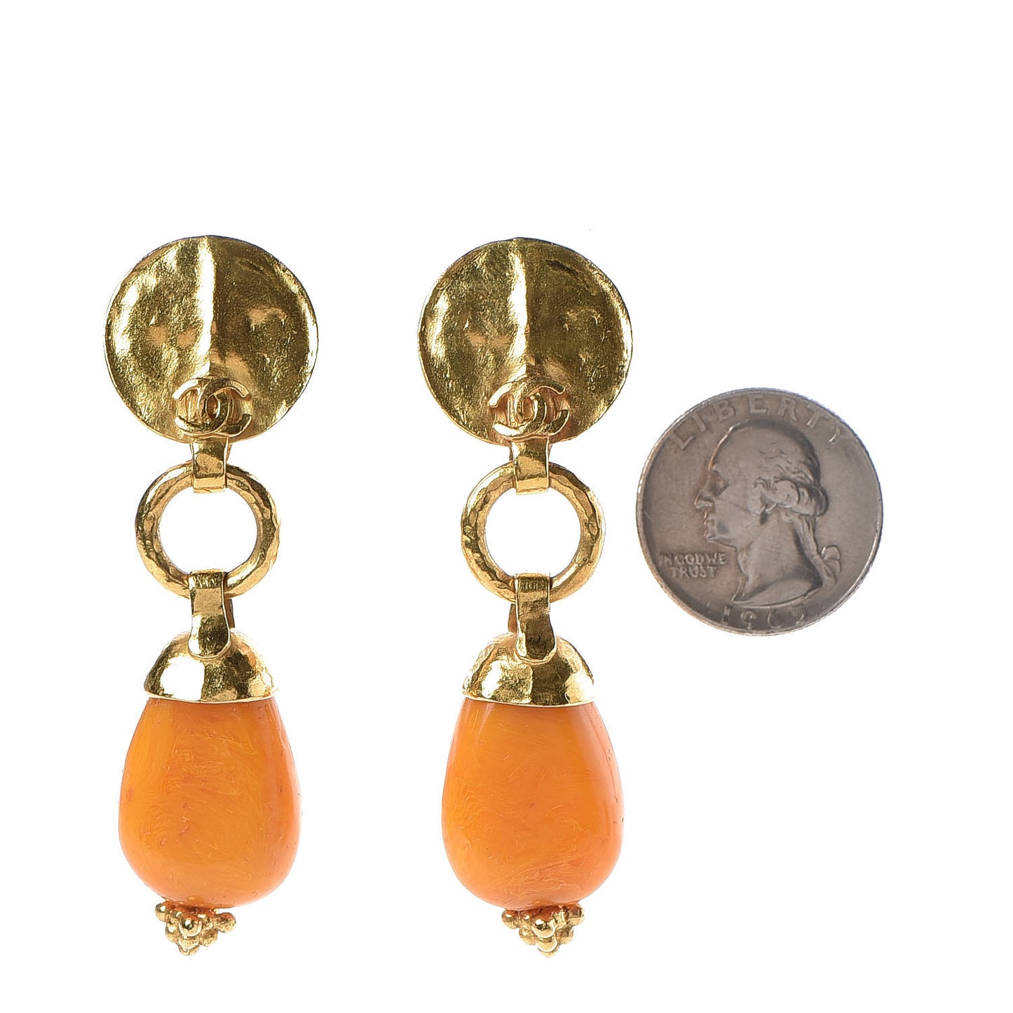 Stone CC Clip On Drop Earrings Gold Yellow