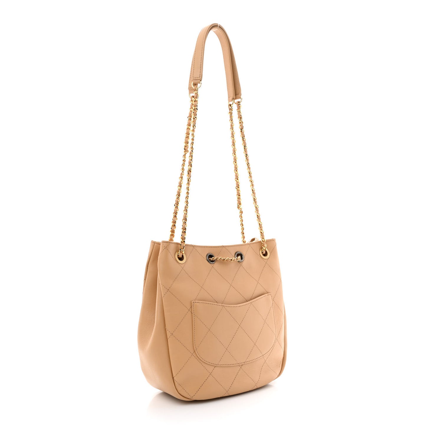 Calfskin Stitched Drawstring CC Bag Beige