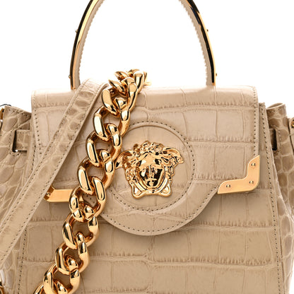 Versace Calfskin Crocodile Embossed Small La Medusa Top Handle Bag Beige 7 of 9