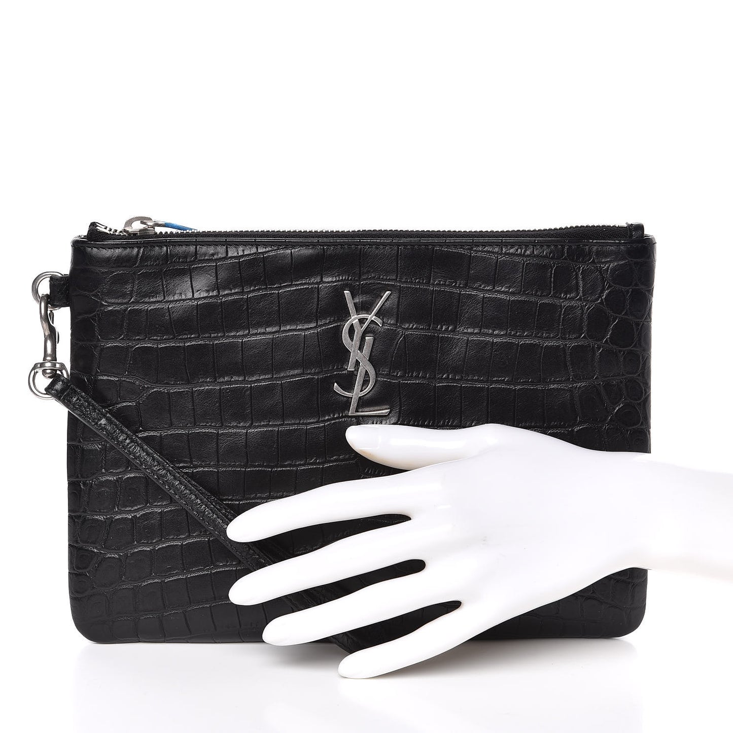 Calfskin Crocodile Embossed Monogram Zip Pouch Black