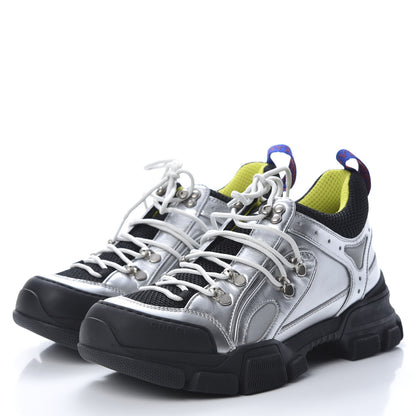 Gucci X SEGA Metallic Calfskin Mesh Womens Flashtrek Sneakers 40 Silver Black 3 of 9