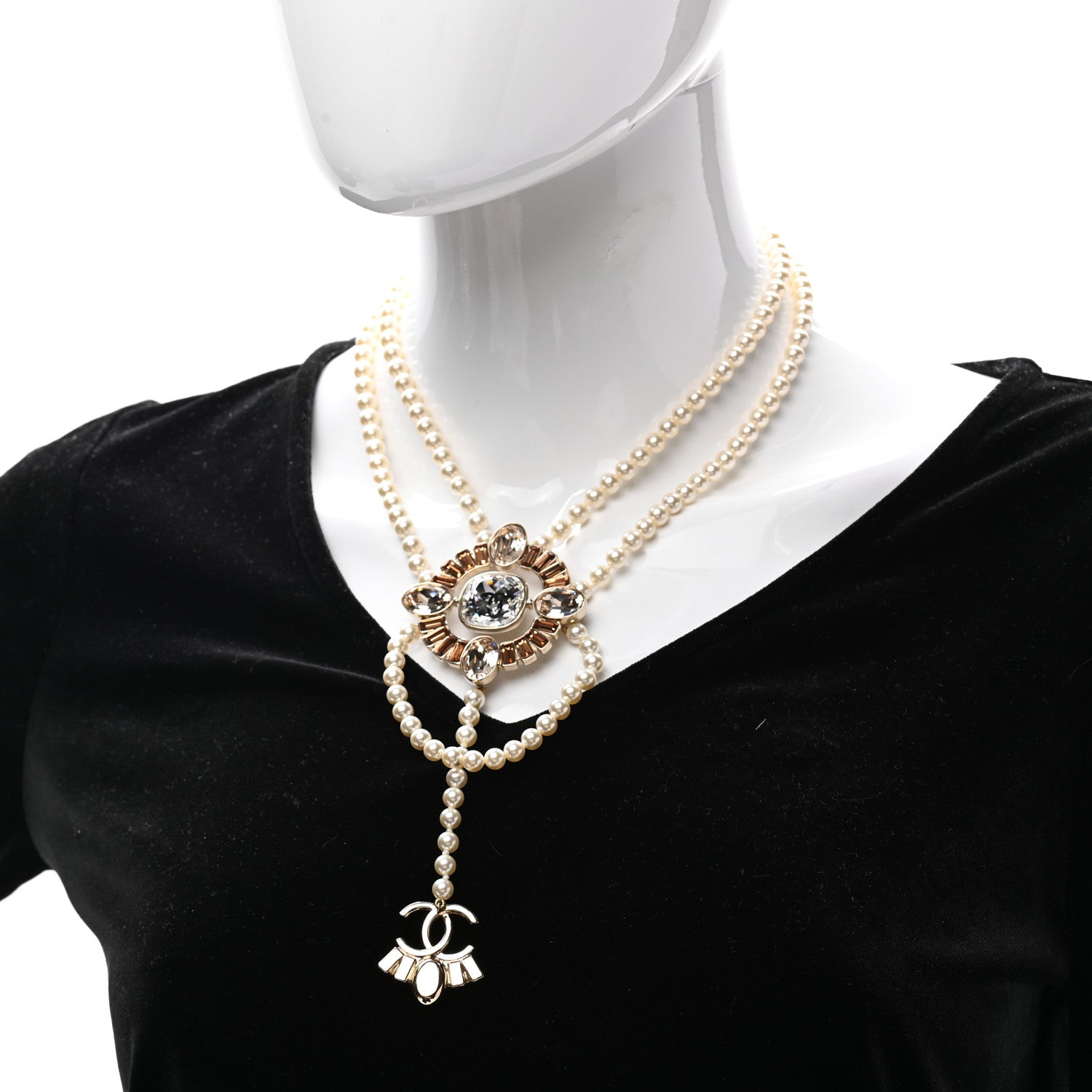 Chanel Baguette Crystal Resin Pearl CC Multi Strand Necklace Gold 2 of 7