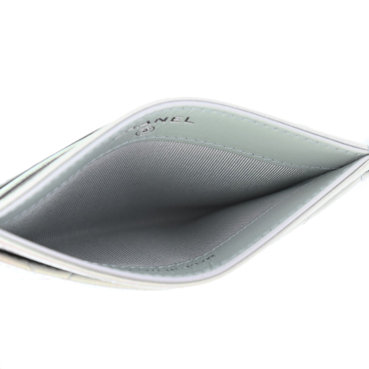 Iridescent Calfskin Quilted Card Holder Light Blue