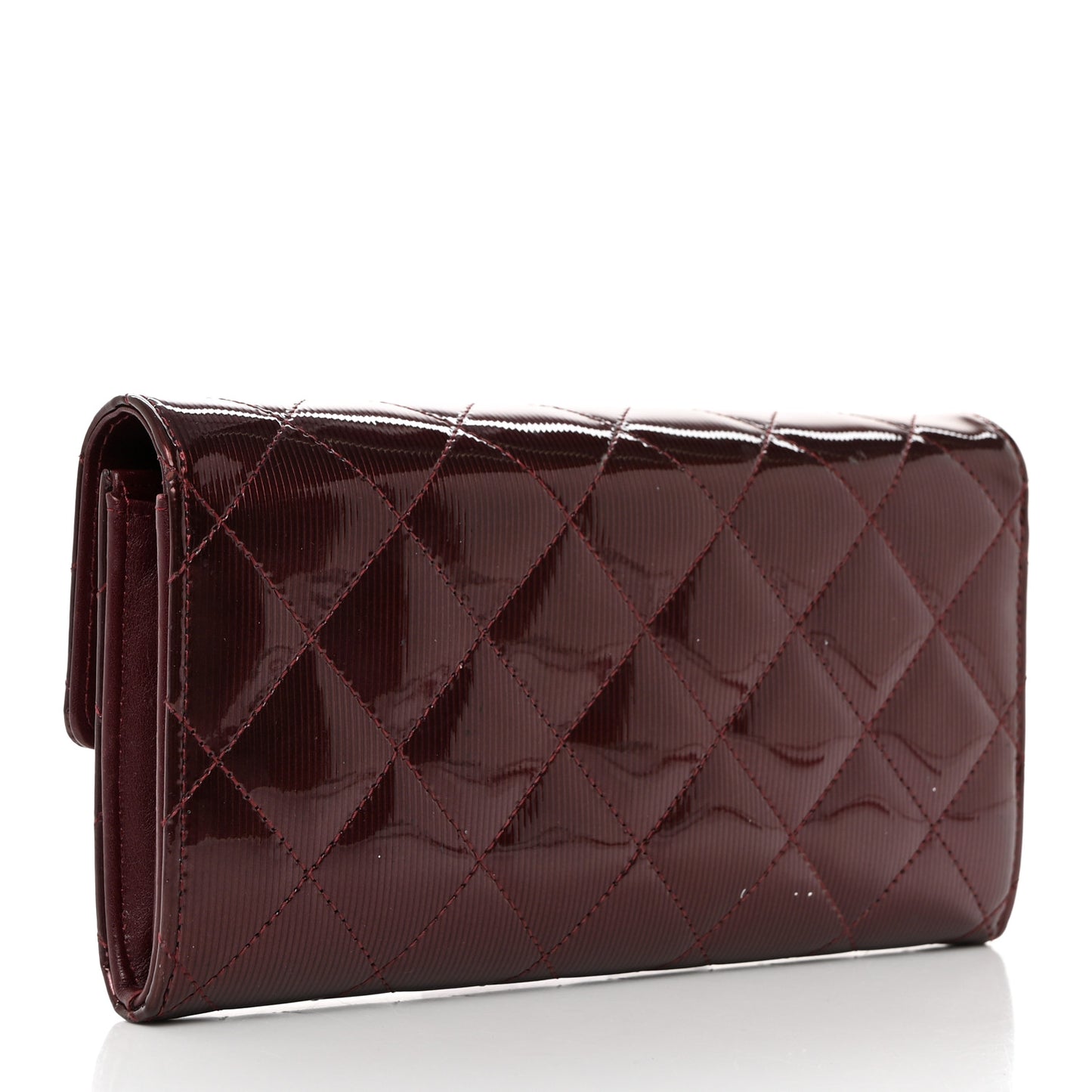 Striated Patent Quilted Large Gusset Flap Wallet Bordeaux