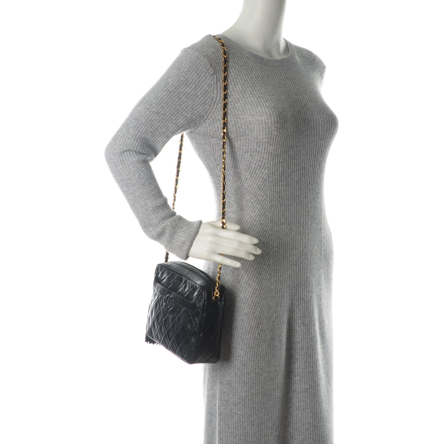Lambskin Quilted Tassel Camera Case Black