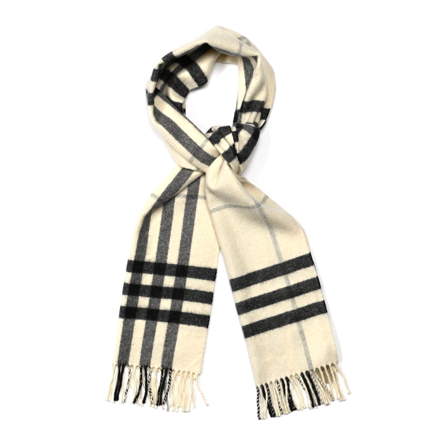 Cashmere Giant Check Icon Stripe Fringe Scarf Natural White