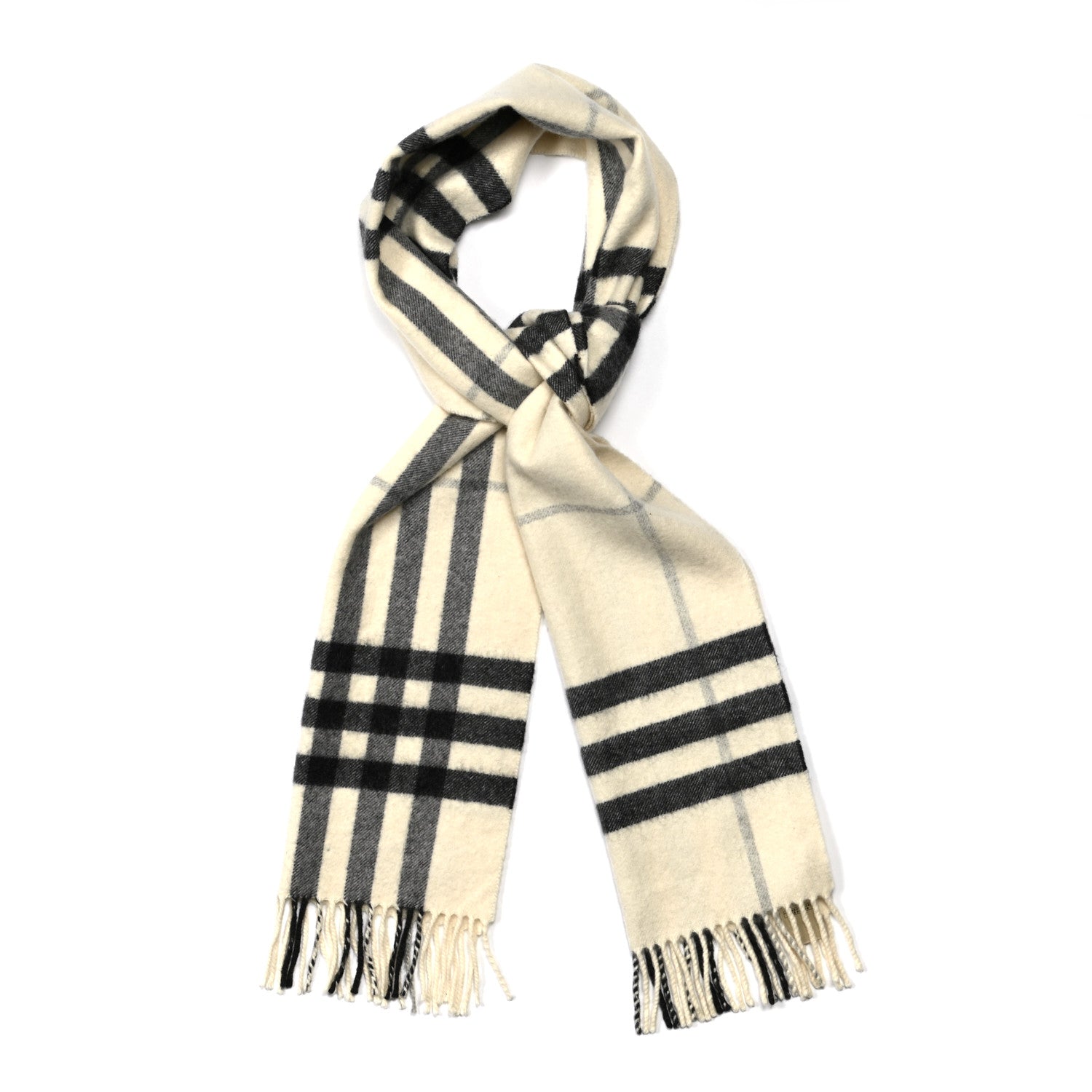 Burberry Cashmere Giant Check Icon Stripe Fringe Scarf Natural White 1 of 4