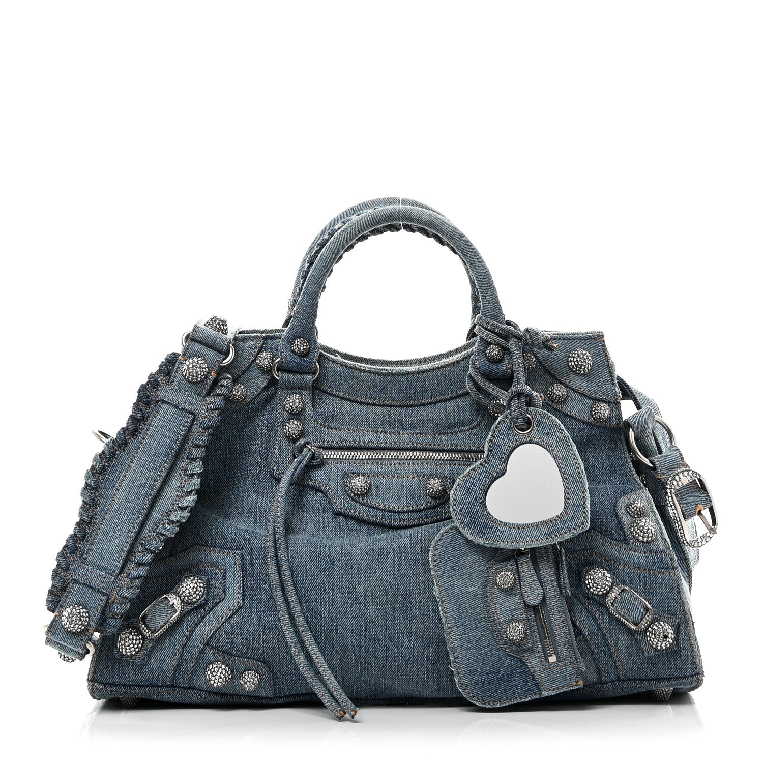 Balenciaga Washed Frayed Denim Crystal Neo Cagole City Handbag Blue 1 of 11
