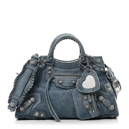 Balenciaga Washed Frayed Denim Crystal Neo Cagole City Handbag Blue 1 of 11