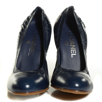 Chanel Glazed Goatskin CC Cap Toe Elastic Pumps 36 Blue 2 of 9