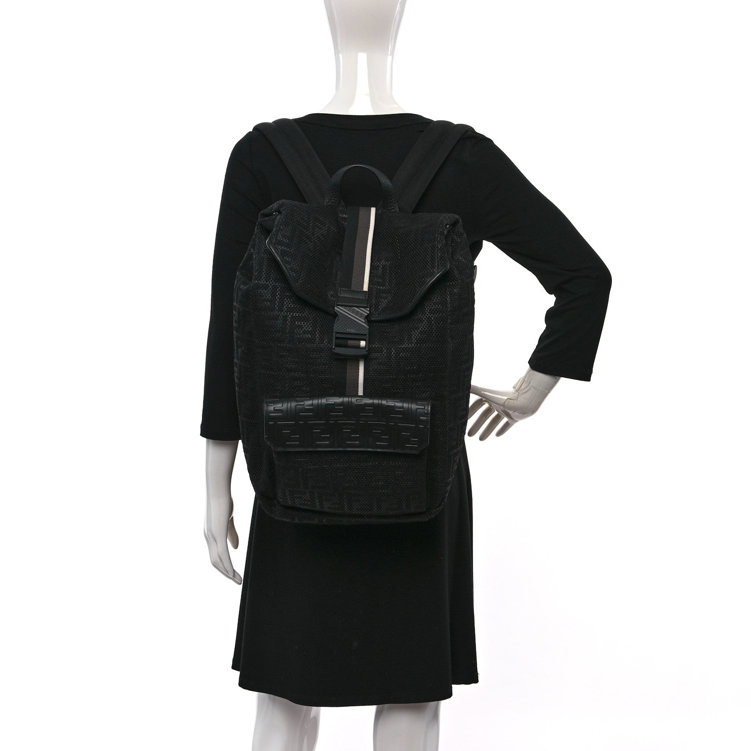 Fendi Mesh Cuoio Romano Vitello Stampa FF 1974 Embossed Logo Plate Backpack Black 2 of 7