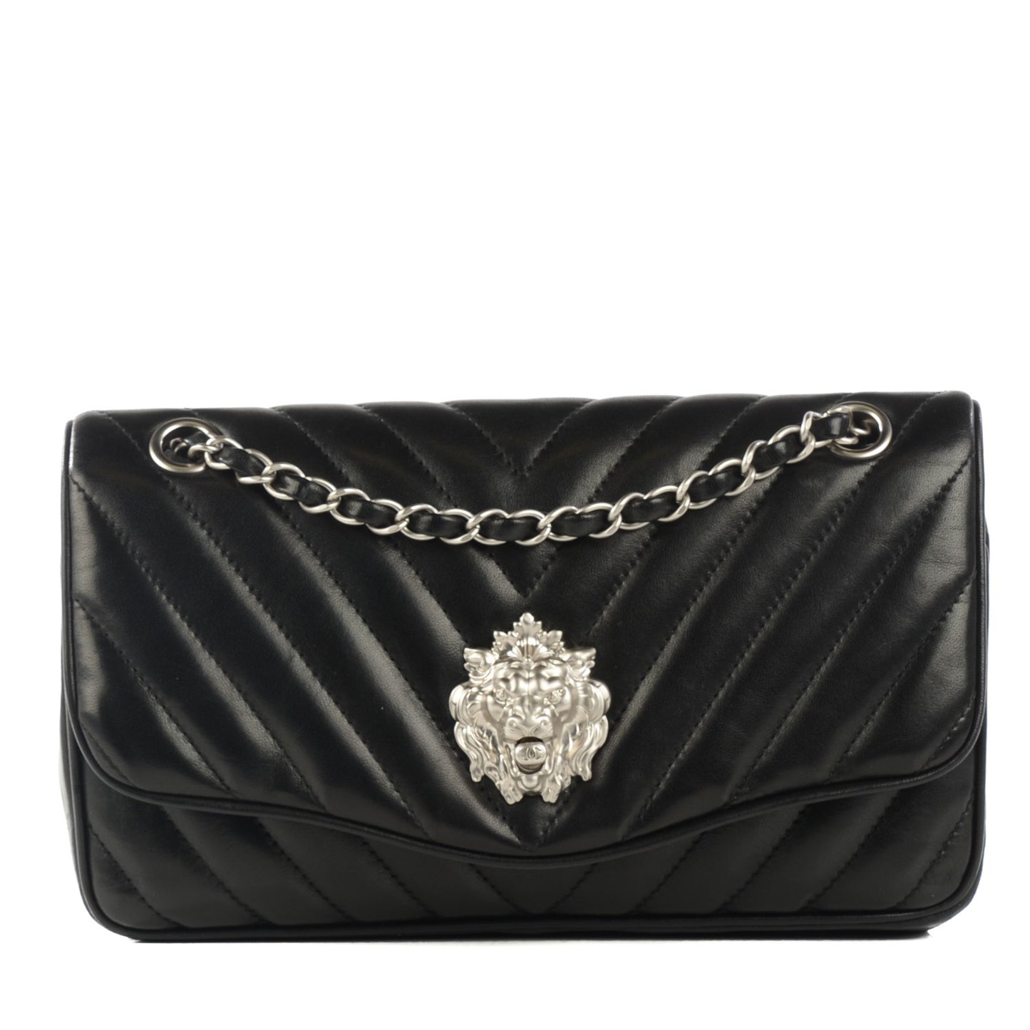 Lambskin Chevron Medium Leo Lion Flap Black