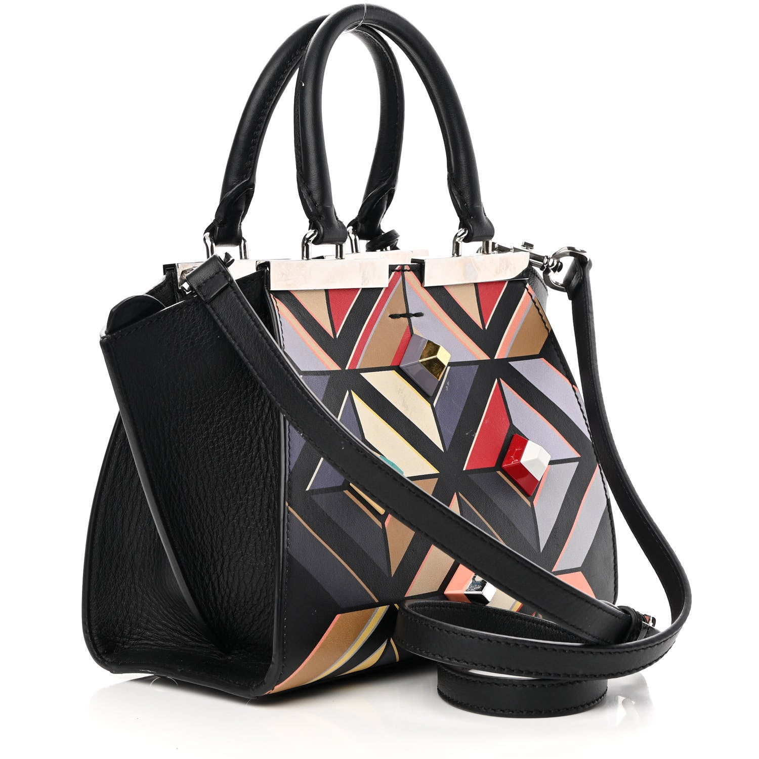 Fendi Calfskin Studded Diamond Mini 3Jours Tote Black Multicolor 3 of 12