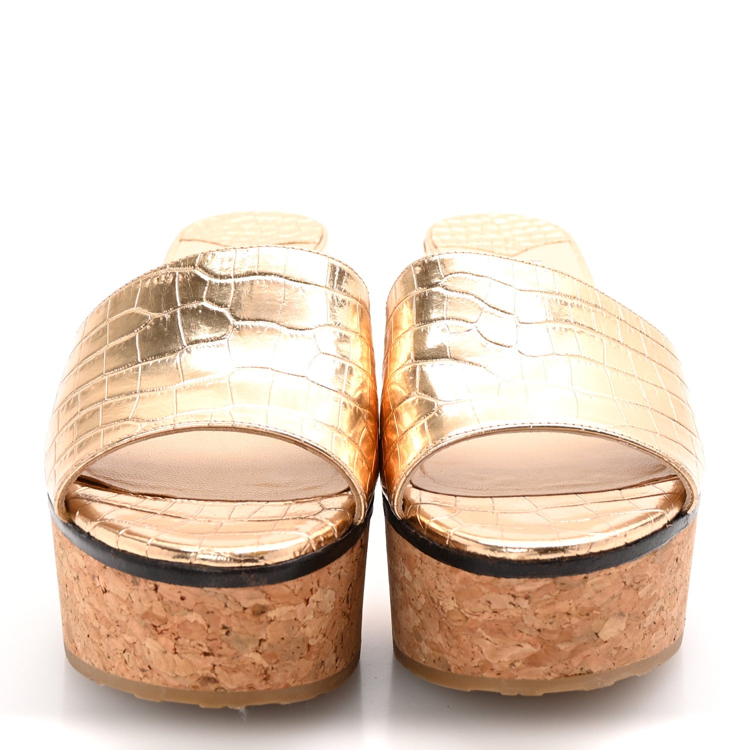 Jimmy Choo Metallic Calfskin Crocodile Embossed Cork DeeDee Platform Wedge Slide Sandals 37.5 Gold 3 of 8