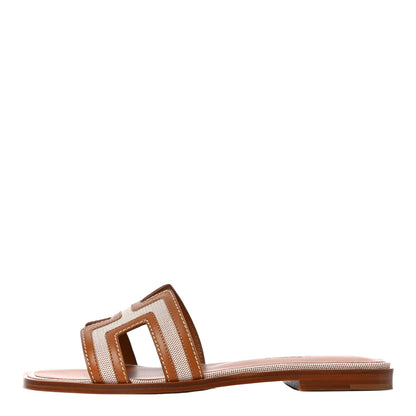 Hermes Calfskin Canvas Oran Sandals 36 Noisette Beige Dore 1 of 12