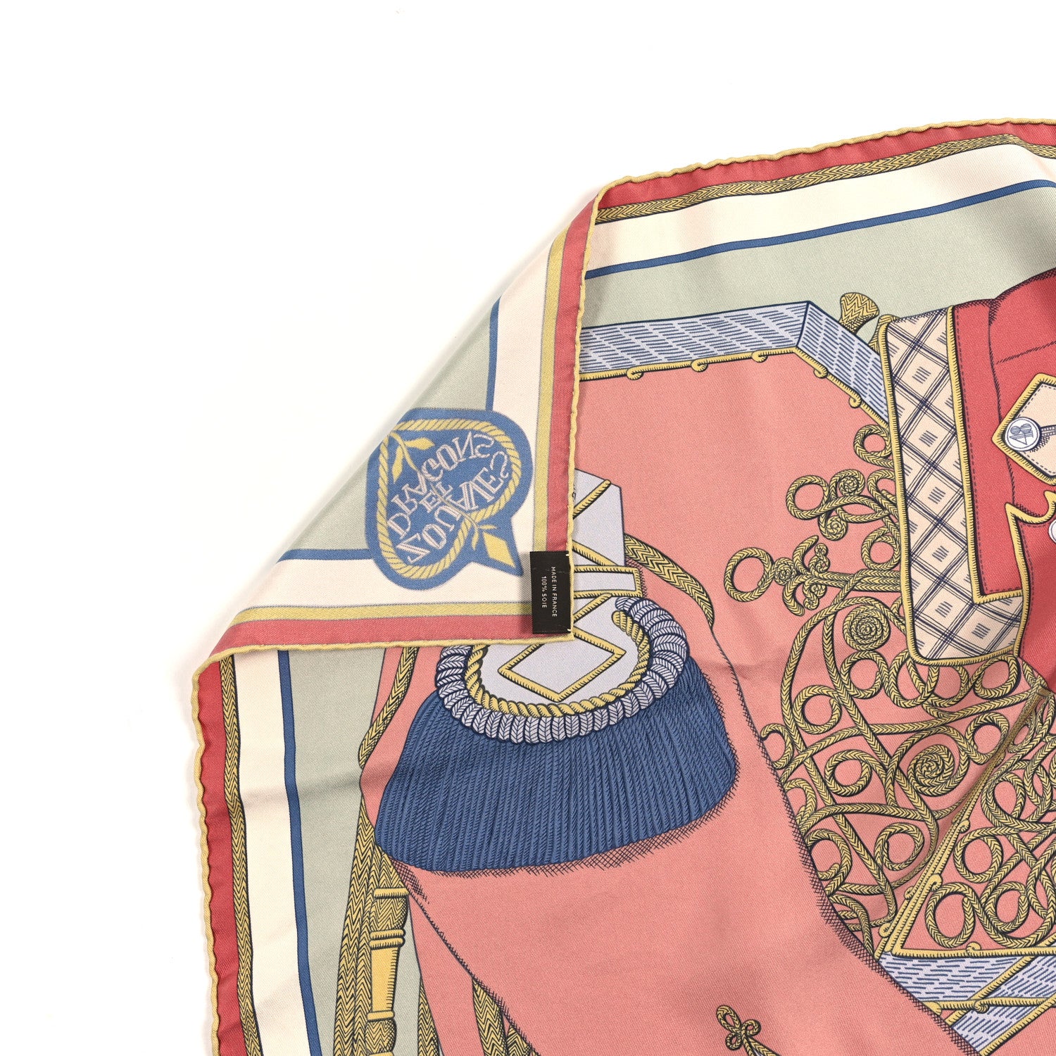 Hermes Washed Silk Zouaves Et Dragons Scarf 90 Vieux Rose Vert Bleu 5 of 5