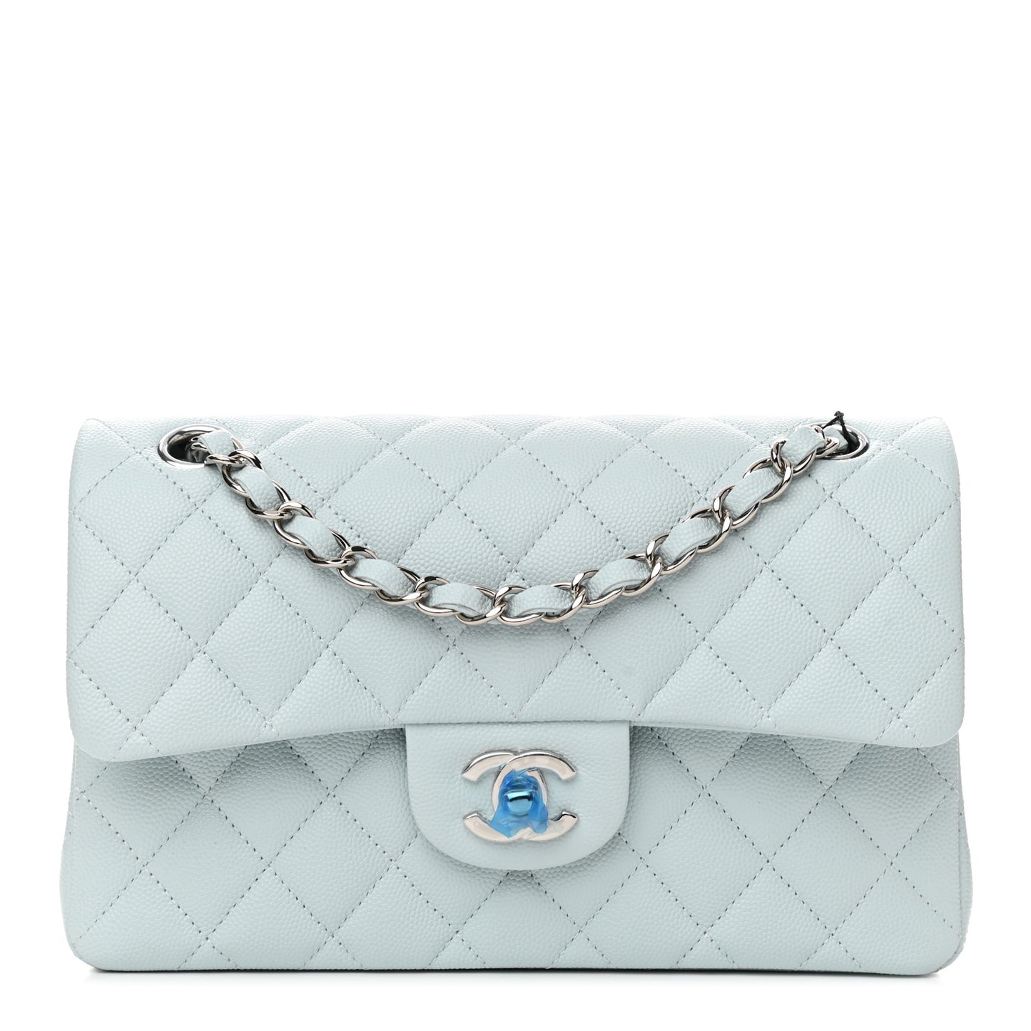 Caviar Quilted Small Double Flap Light Blue