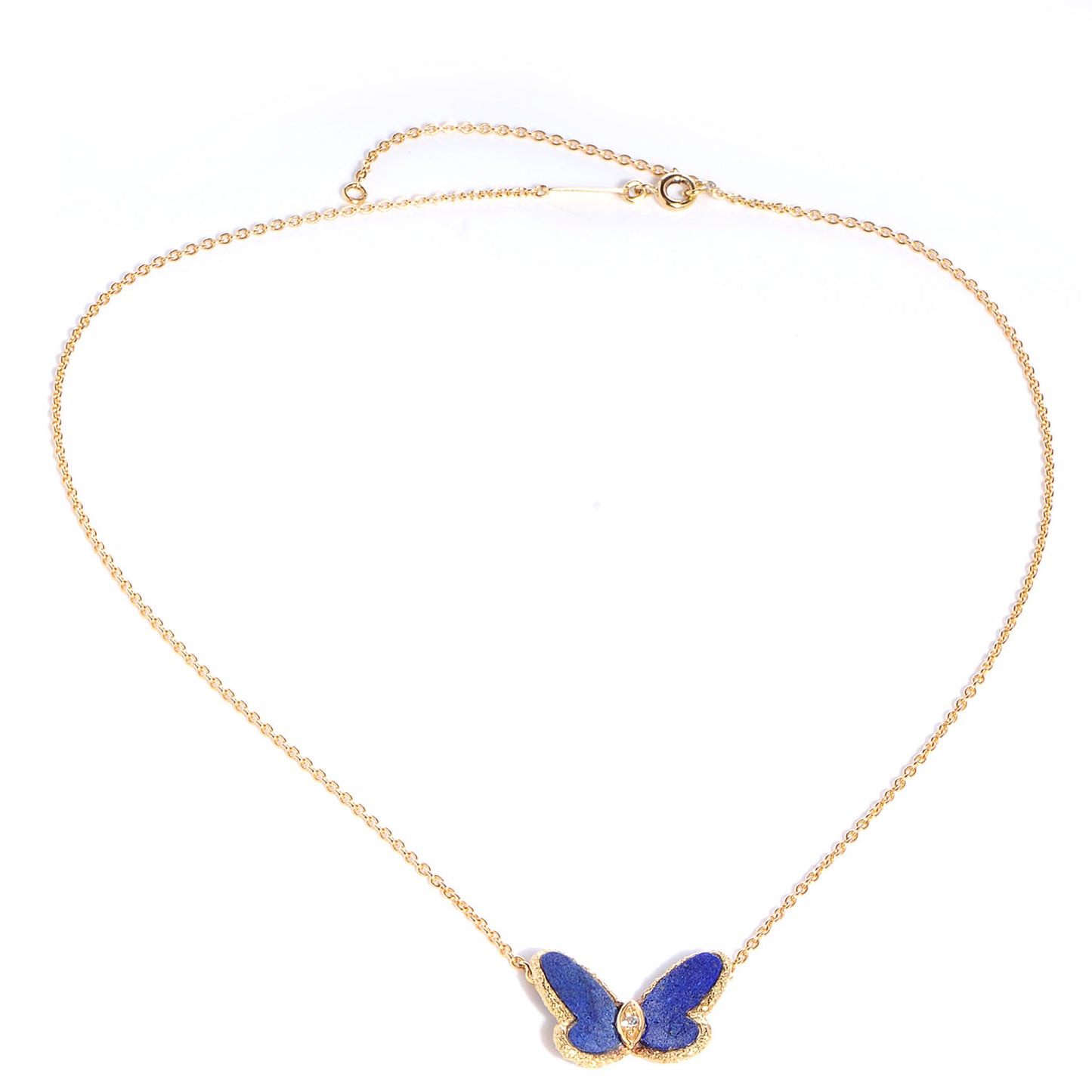 18K Yellow Gold Diamond Lapis Vintage Alhambra Butterfly Pendant Necklace