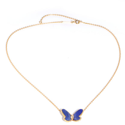 Van Cleef & Arpels 18K Yellow Gold Diamond Lapis Vintage Alhambra Butterfly Pendant Necklace 3 of 6