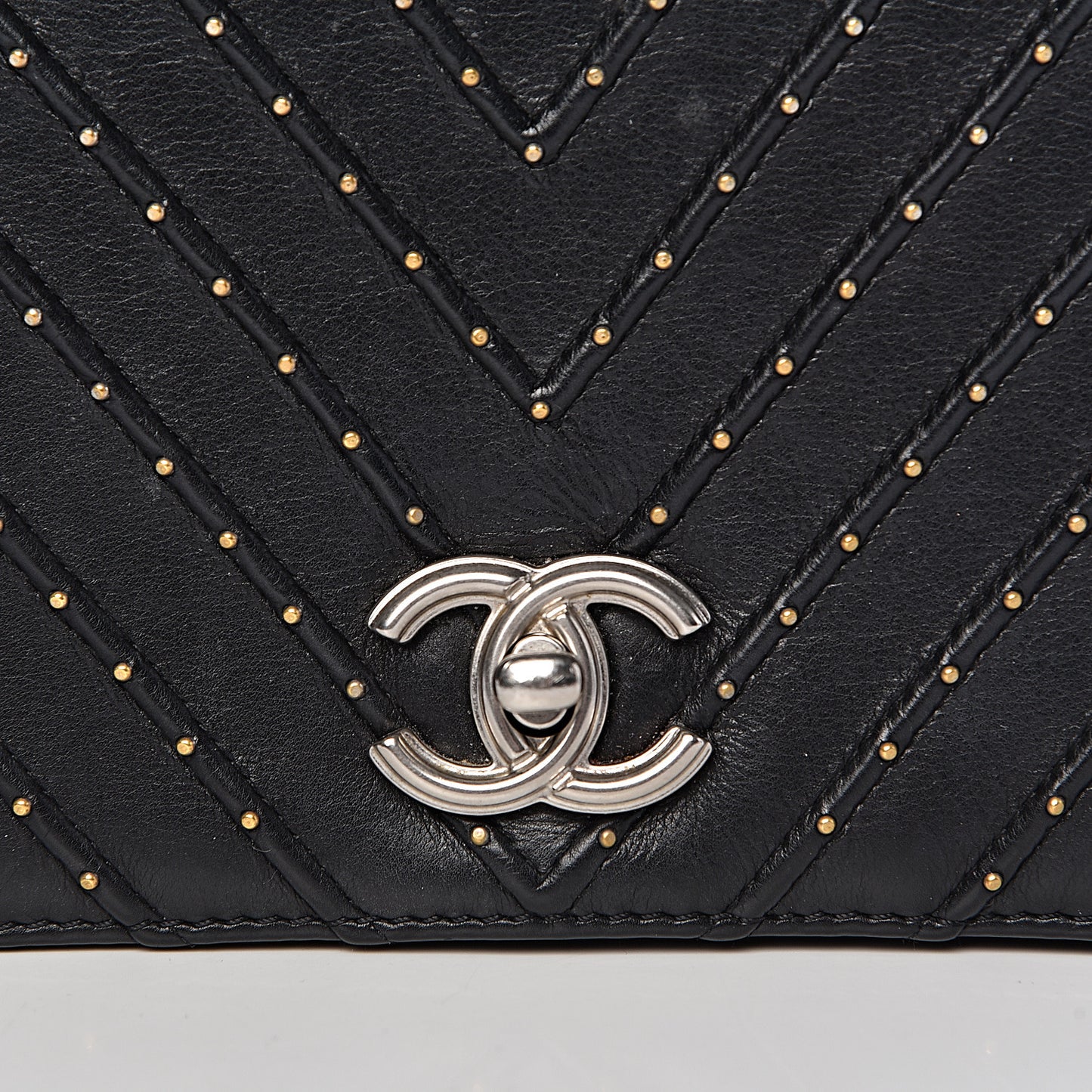 Calfskin Studded Chevron Quilted Flap Black